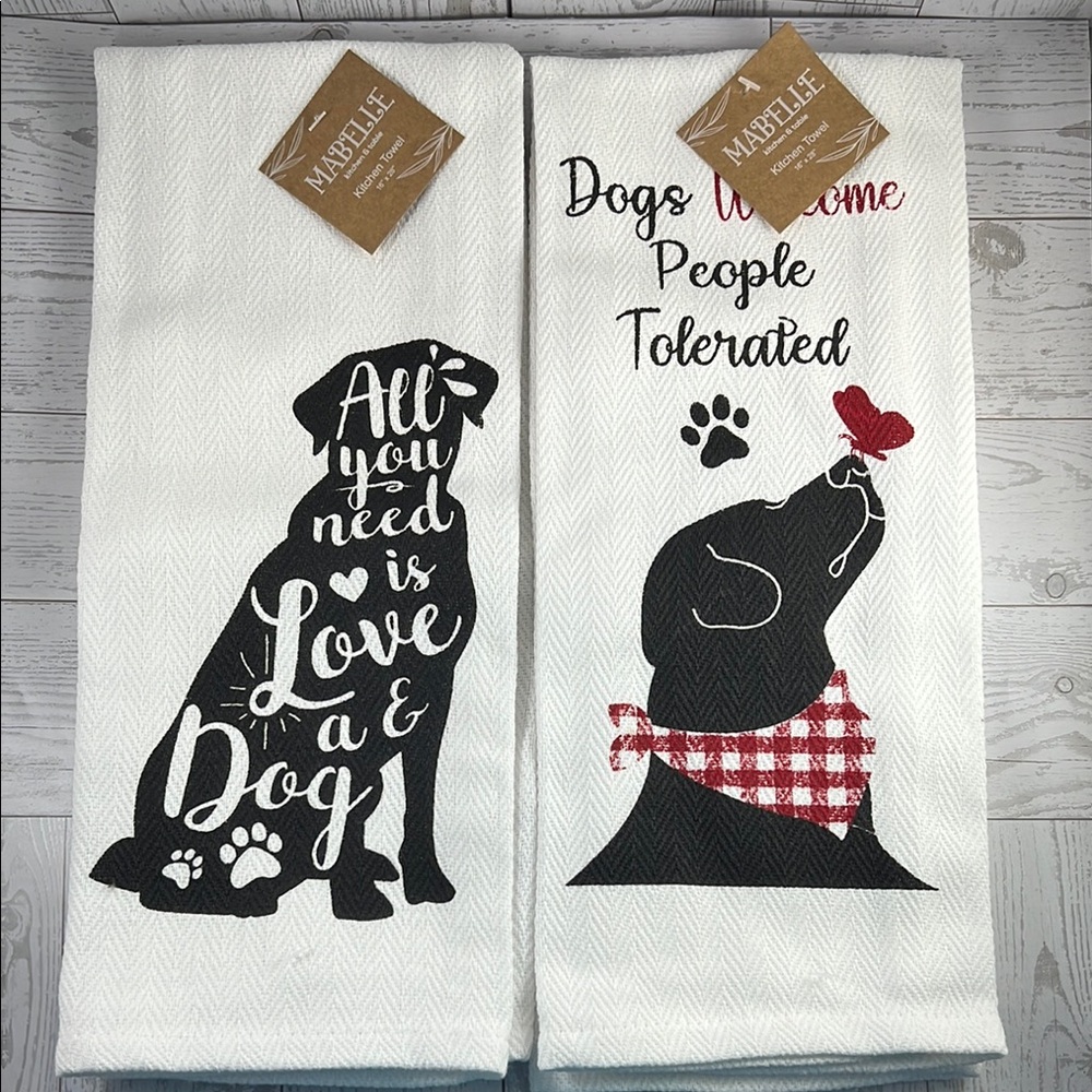 2 Black Dog Silhouette White Kitchen Towels